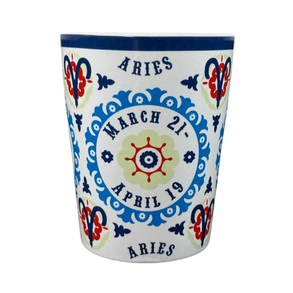 Aries zodiac Fisher mug with blue and red decorative design featuring Aries symbol and date range March 21 to April 19