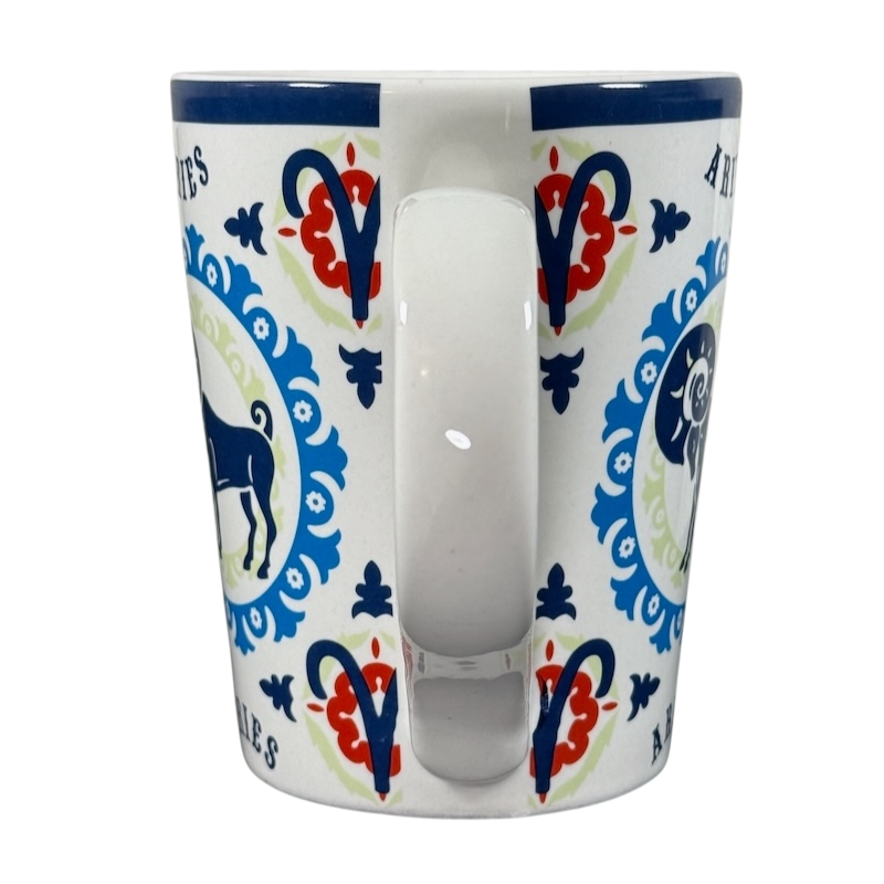 Aries zodiac Fisher mug with colorful Aries symbol and decorative blue and red patterns