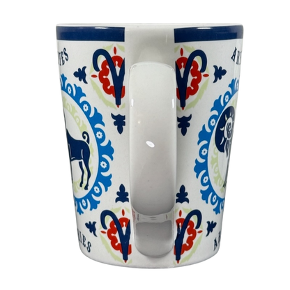 Aries zodiac Fisher mug with colorful Aries symbol and decorative blue and red patterns