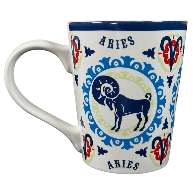 Aries zodiac Fisher mug with ram design and decorative blue and red patterns by Fisher Home Products