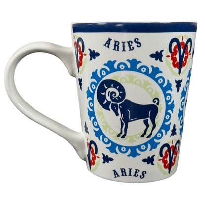 Aries zodiac Fisher mug with ram design and decorative blue and red patterns by Fisher Home Products