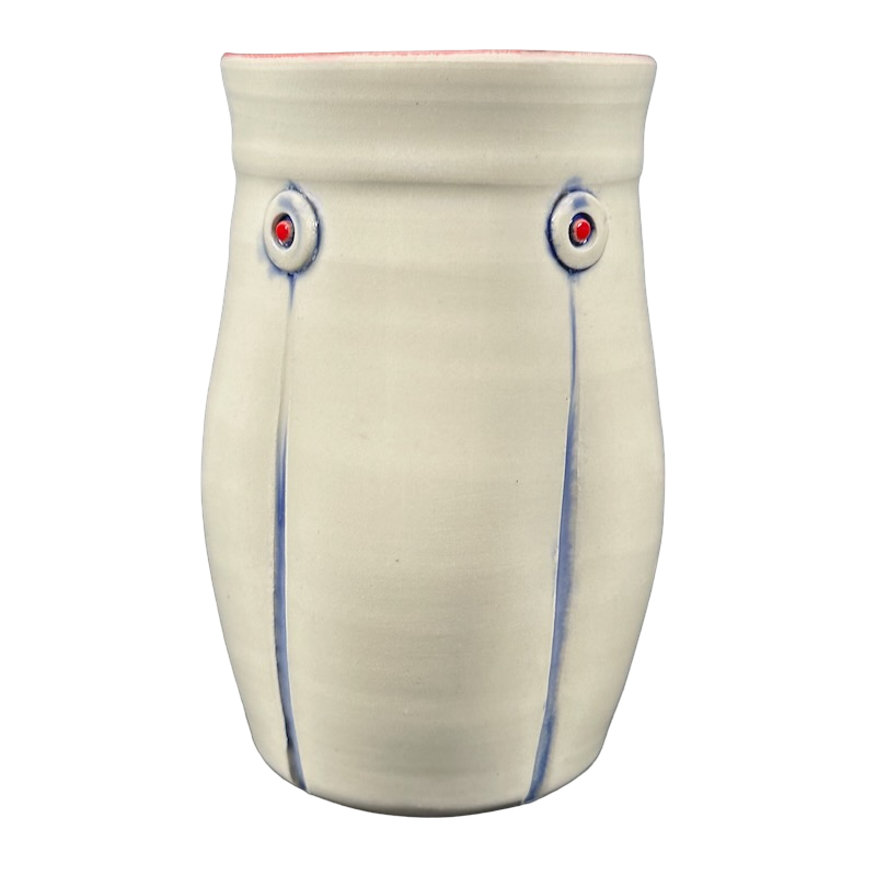 Rebecca Lowery embossed pottery mug off white ceramic tumbler with blue drip lines red dot embossed accents