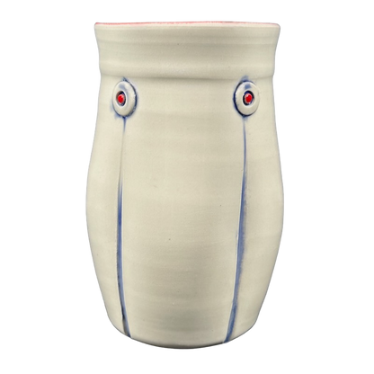 Rebecca Lowery embossed pottery mug off white ceramic tumbler with blue drip lines red dot embossed accents