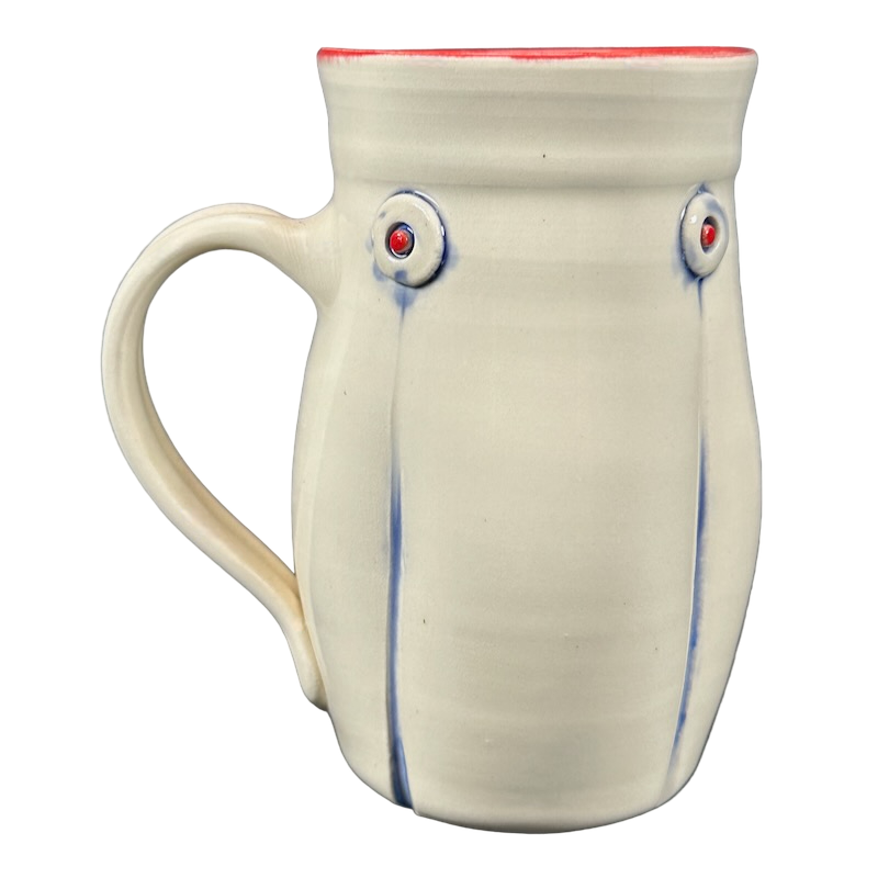 Rebecca Lowery embossed pottery mug cream wheel thrown mug with blue drip accents red rim and round embossed dots