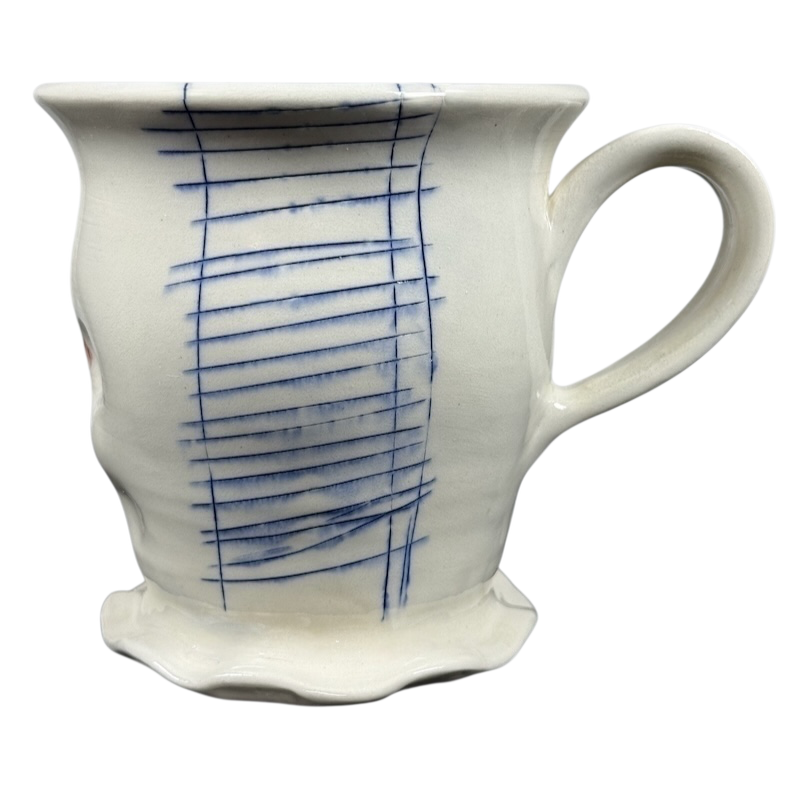 Vintage abstract blue lines pottery mug white ceramic hand painted grid like blue strokes with scalloped foot and curved handle