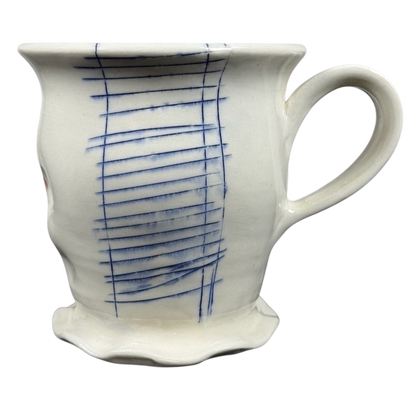 Vintage abstract blue lines pottery mug white ceramic hand painted grid like blue strokes with scalloped foot and curved handle