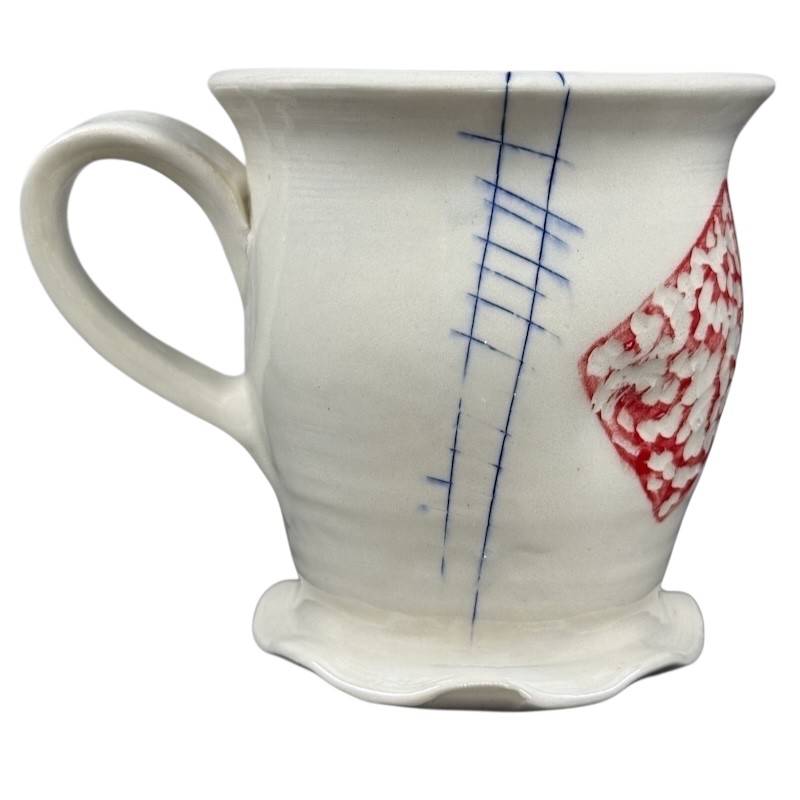 Vintage abstract blue lines pottery mug a white handcrafted ceramic cup with handle blue lines and red textured motif