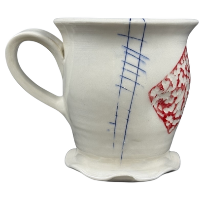 Vintage abstract blue lines pottery mug a white handcrafted ceramic cup with handle blue lines and red textured motif