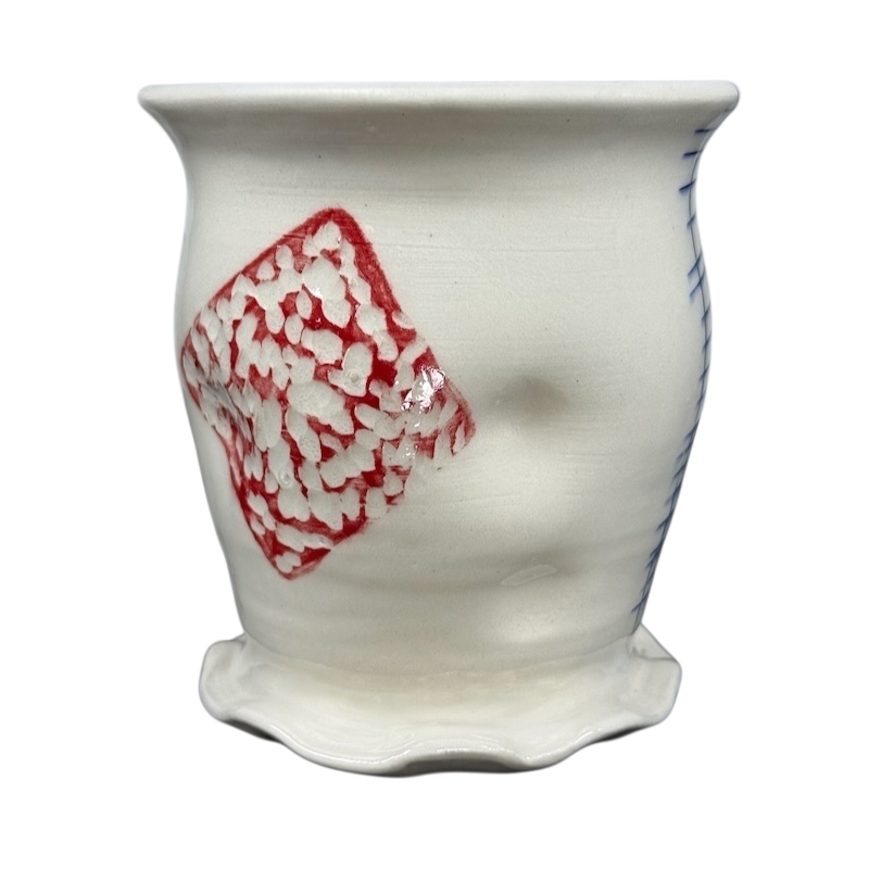 Vintage abstract blue lines pottery mug with white handmade ceramic body red textured diamond and wavy base