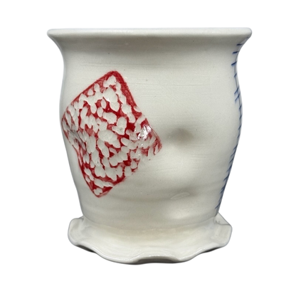 Vintage abstract blue lines pottery mug with white handmade ceramic body red textured diamond and wavy base