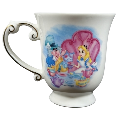 Disney Alice in Wonderland Mad Hatter vintage mug white porcelain teacup with gold trimmed handle and tea party art