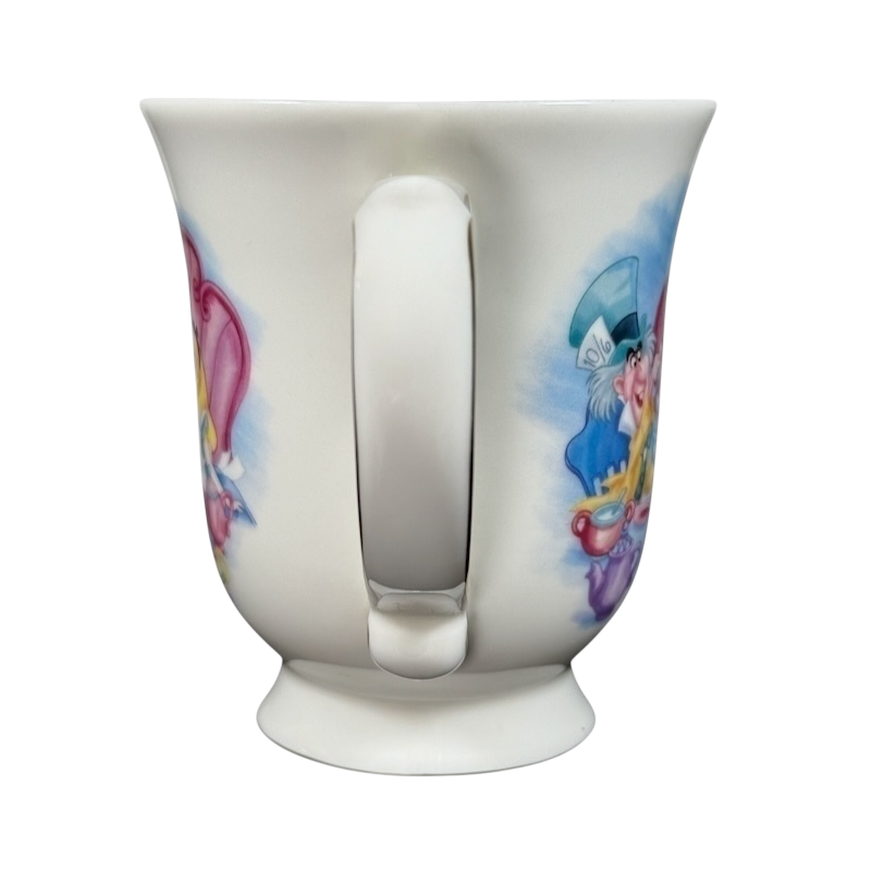 Disney Alice in Wonderland Mad Hatter vintage mug white ceramic cup with printed Mad Hatter tea party illustration