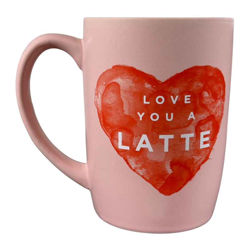 Love You A Latte FabFitFun Mug Ayesha Curry in pink with heart design and white text