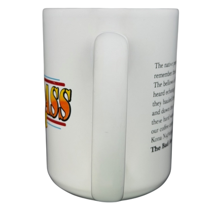 Bad Ass Coffee Company Maui Mug featuring colorful design and detailed coffee sourcing information