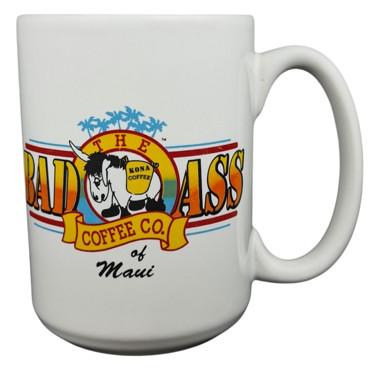 Bad Ass Coffee Company Maui Mug featuring colorful logo and tropical design for coffee lovers