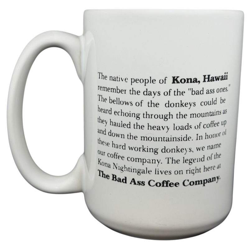 Bad Ass Coffee Company Maui Mug featuring a story about Kona, Hawaii and its hardworking donkeys