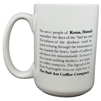 Bad Ass Coffee Company Maui Mug featuring a story about Kona, Hawaii and its hardworking donkeys