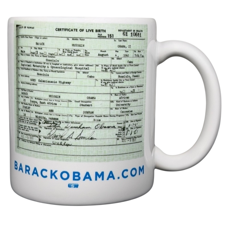 Barack Obama birth certificate vintage mug featuring a detailed birth certificate design