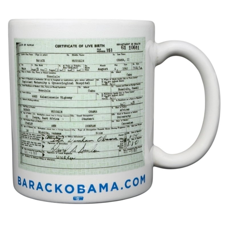 Barack Obama birth certificate vintage mug displaying a replica of the certificate of live birth