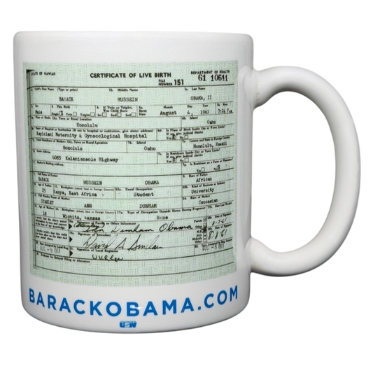 Barack Obama birth certificate vintage mug displaying a replica of the certificate of live birth