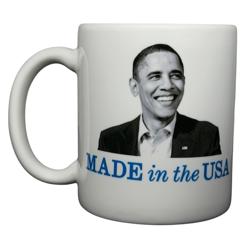 Barack Obama birth certificate vintage mug featuring a smiling portrait and Made in the USA text
