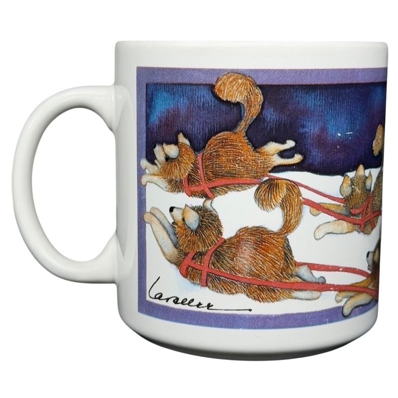 Barbara Lavallee Inuit family sledding mug featuring vibrant sled dogs in a snowy landscape