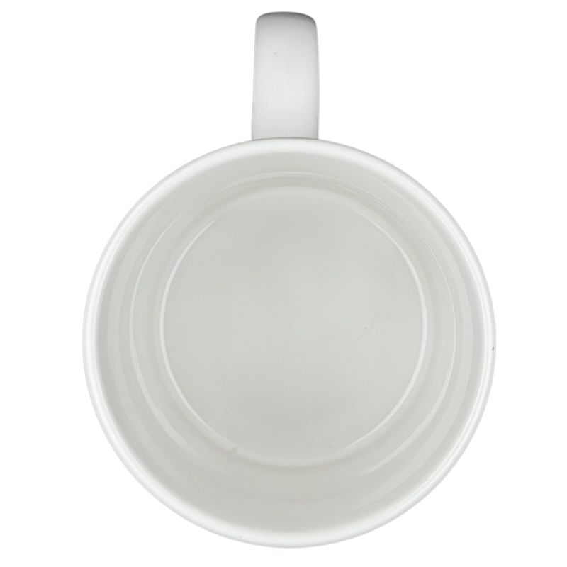 Bottom view of a white mug featuring the Barbara Lavallee Inuit family sledding mug design