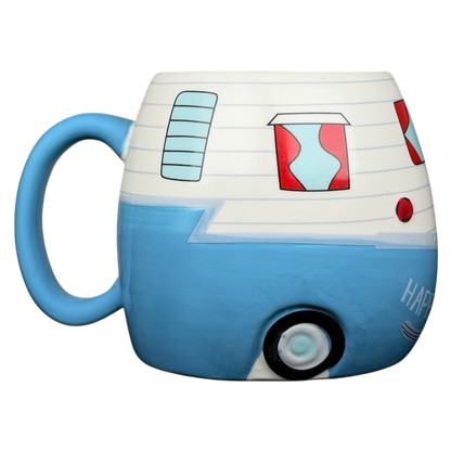 Happy Camper blue RV Bass Pro Shops mug featuring a colorful design and detailed decorations