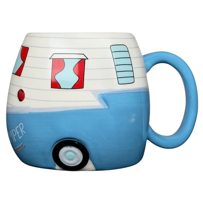 Happy Camper blue RV Bass Pro Shops mug with a fun design featuring a retro trailer