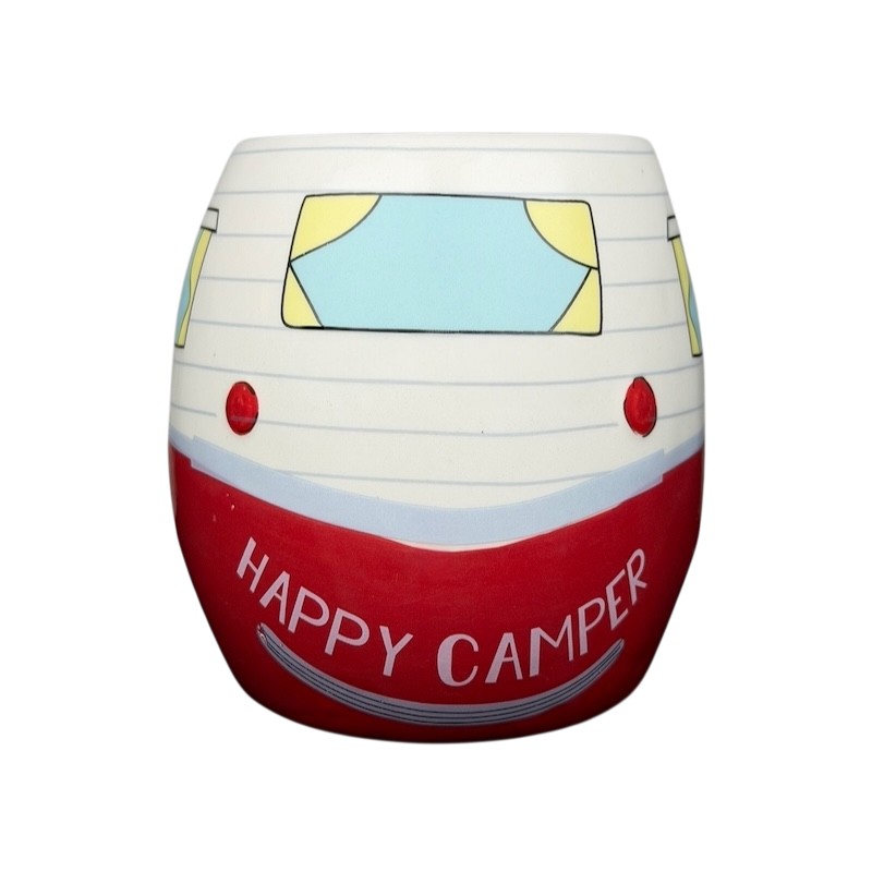 Happy Camper red RV Bass Pro Shops mug featuring a vintage camper design with a cheerful face