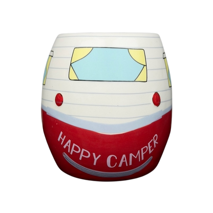 Happy Camper red RV Bass Pro Shops mug featuring a vintage camper design with a cheerful face