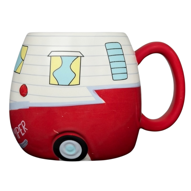 Happy Camper red RV Bass Pro Shops mug featuring a vibrant design and unique shape