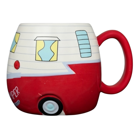Happy Camper red RV Bass Pro Shops mug featuring a vibrant design and unique shape
