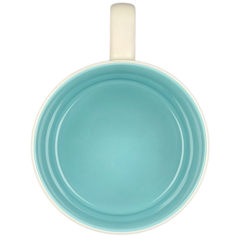 Top view of the Disney Beauty and the Beast Chip stackable mug in vibrant turquoise color