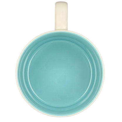 Top view of the Disney Beauty and the Beast Chip stackable mug in vibrant turquoise color