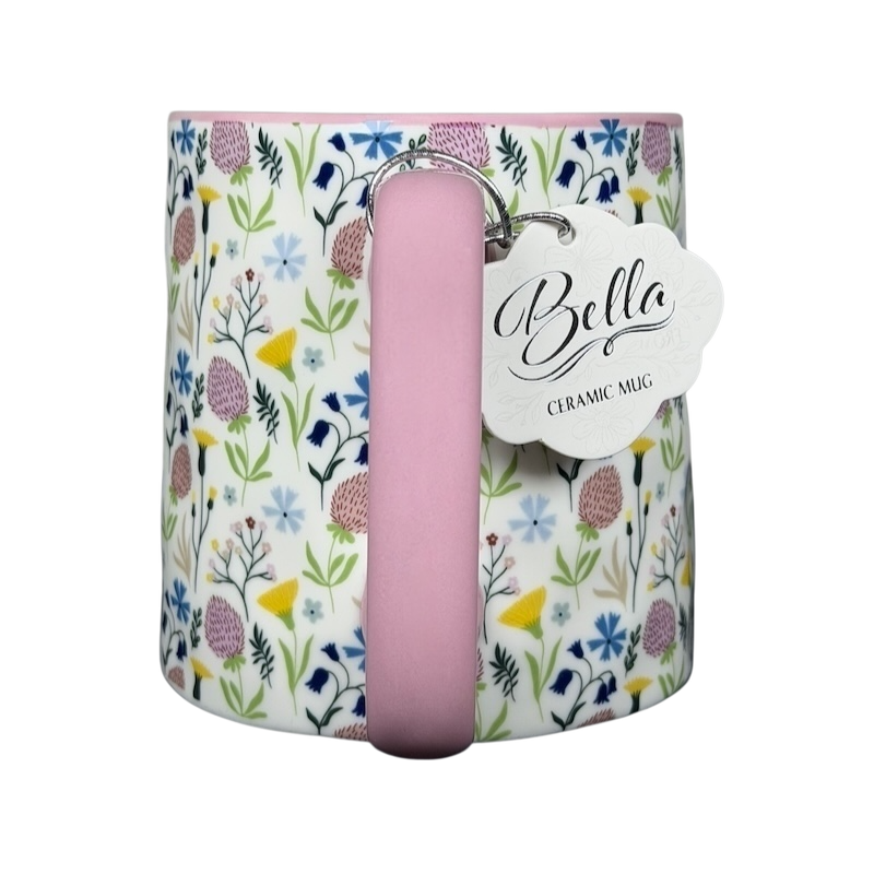 Bella dimpled wildflower mug with pink handle, featuring colorful floral patterns for a charming look