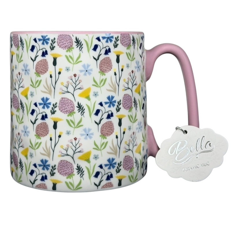 10 Strawberry Street Bella dimpled wildflower mug with pink handle showcasing colorful floral design