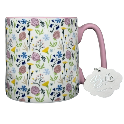 10 Strawberry Street Bella dimpled wildflower mug with pink handle showcasing colorful floral design
