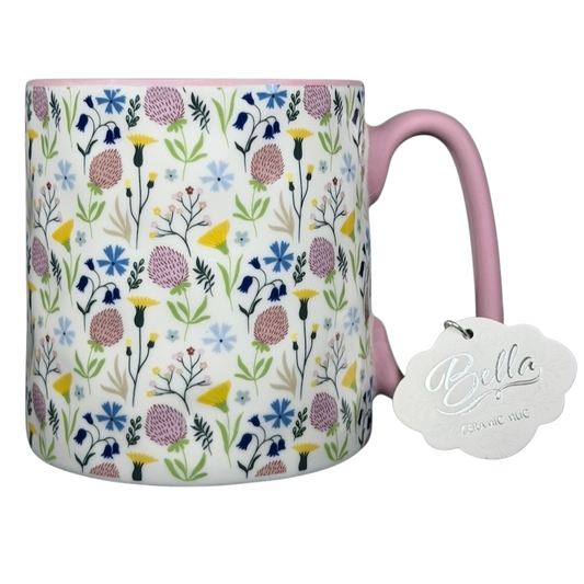 10 Strawberry Street Bella dimpled wildflower mug with pink handle showcasing colorful floral design