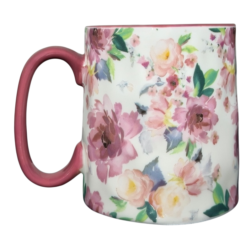 Bella Floral collectible watercolor rose pink handle mug featuring a vibrant floral design