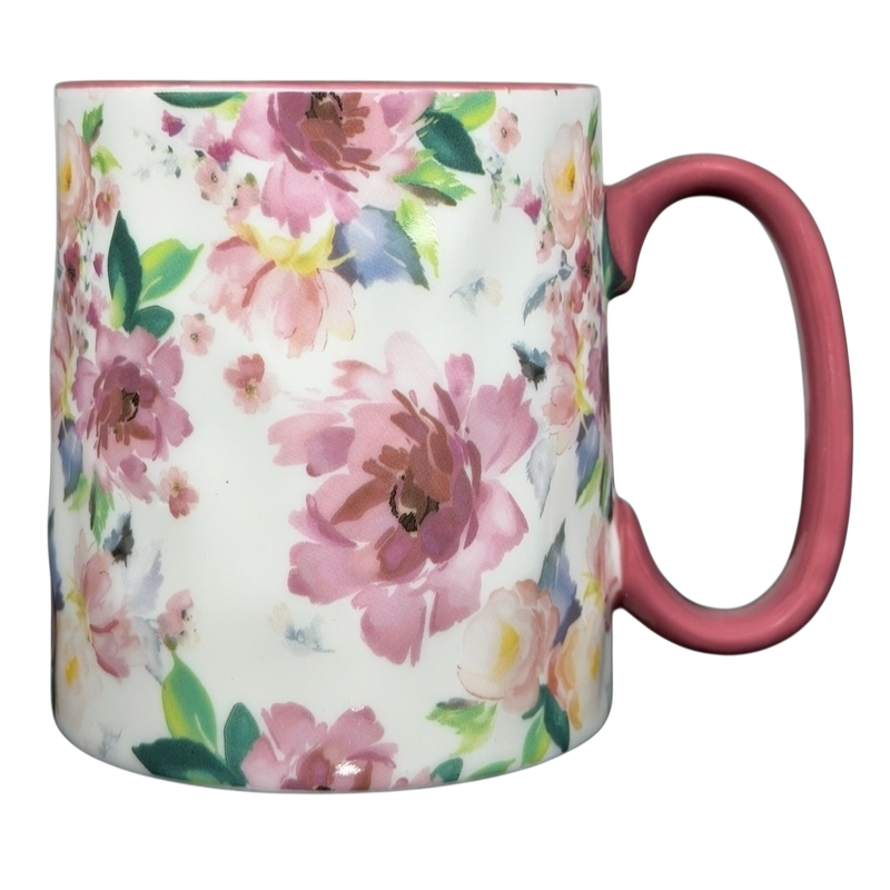 Bella Floral collectible watercolor rose pink handle mug featuring colorful floral design and a trendy pink handle