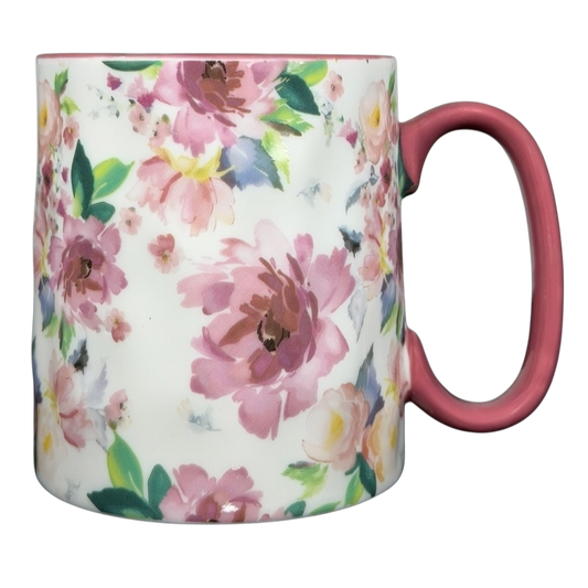 Bella Floral collectible watercolor rose pink handle mug featuring colorful floral design and a trendy pink handle