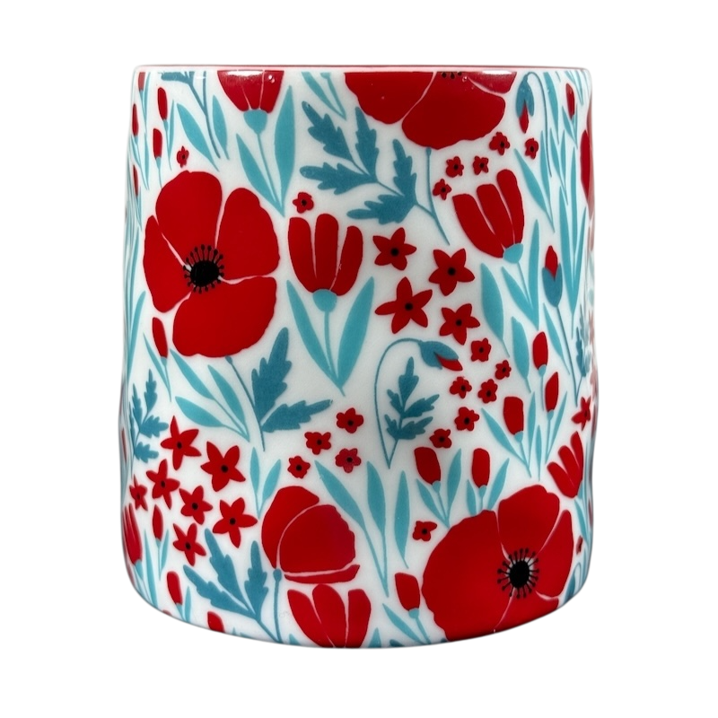 Bella Floral Red Pink Poppies Dimpled Mug with vibrant floral design and textured surface