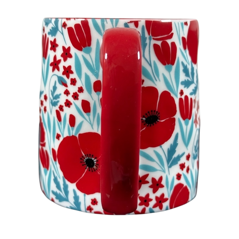 Bella Floral Red Pink Poppies Dimpled Mug with vibrant floral design and red handle