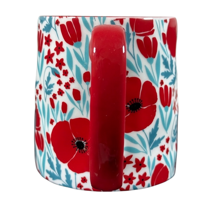 Bella Floral Red Pink Poppies Dimpled Mug with vibrant floral design and red handle