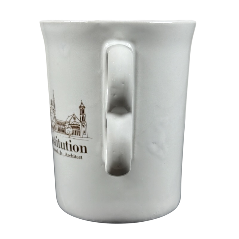 White porcelain coffee mug with handle and brown landmark print Bennington Pottery Smithsonian vintage collectible mug