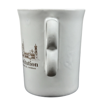 White porcelain coffee mug with handle and brown landmark print Bennington Pottery Smithsonian vintage collectible mug