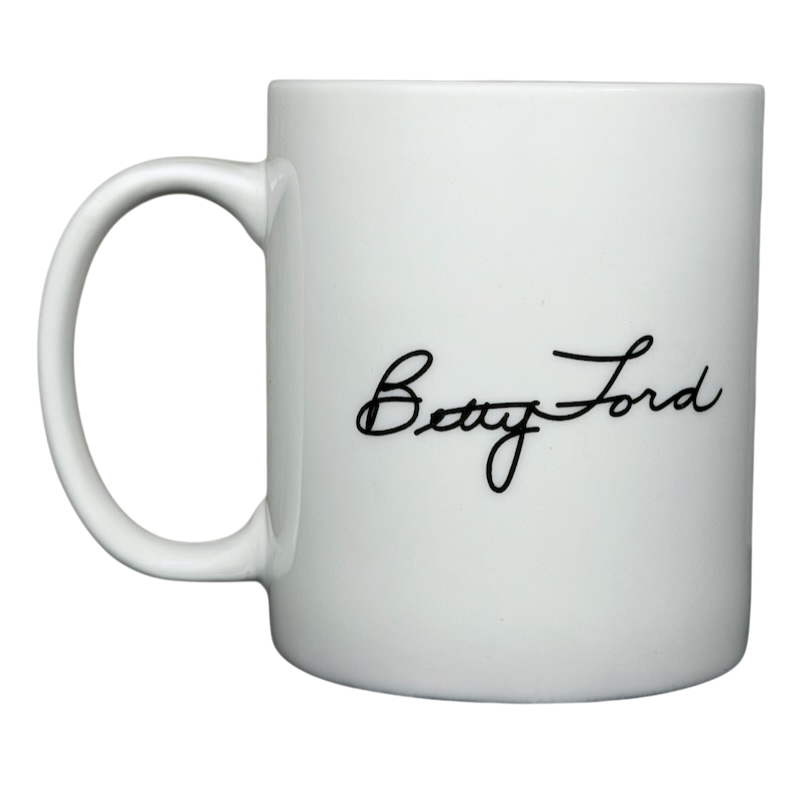 Betty Ford Center signature mug in white featuring elegant black script of Betty Ford