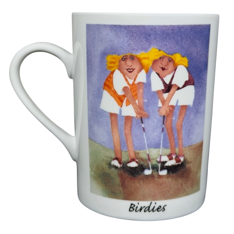 Birdies Golf Erika Oller Mug featuring two cartoon women playing golf on a colorful background