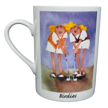Birdies Golf Erika Oller Mug featuring two cartoon women playing golf on a colorful background